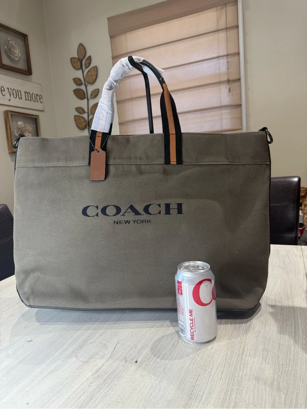 Coach Olive Canvas Tote with Black and Tan Handle Accents